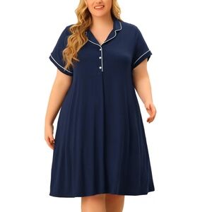 Plus Size Short Sleeve Button Down Navy nightgown with White Piping  1X